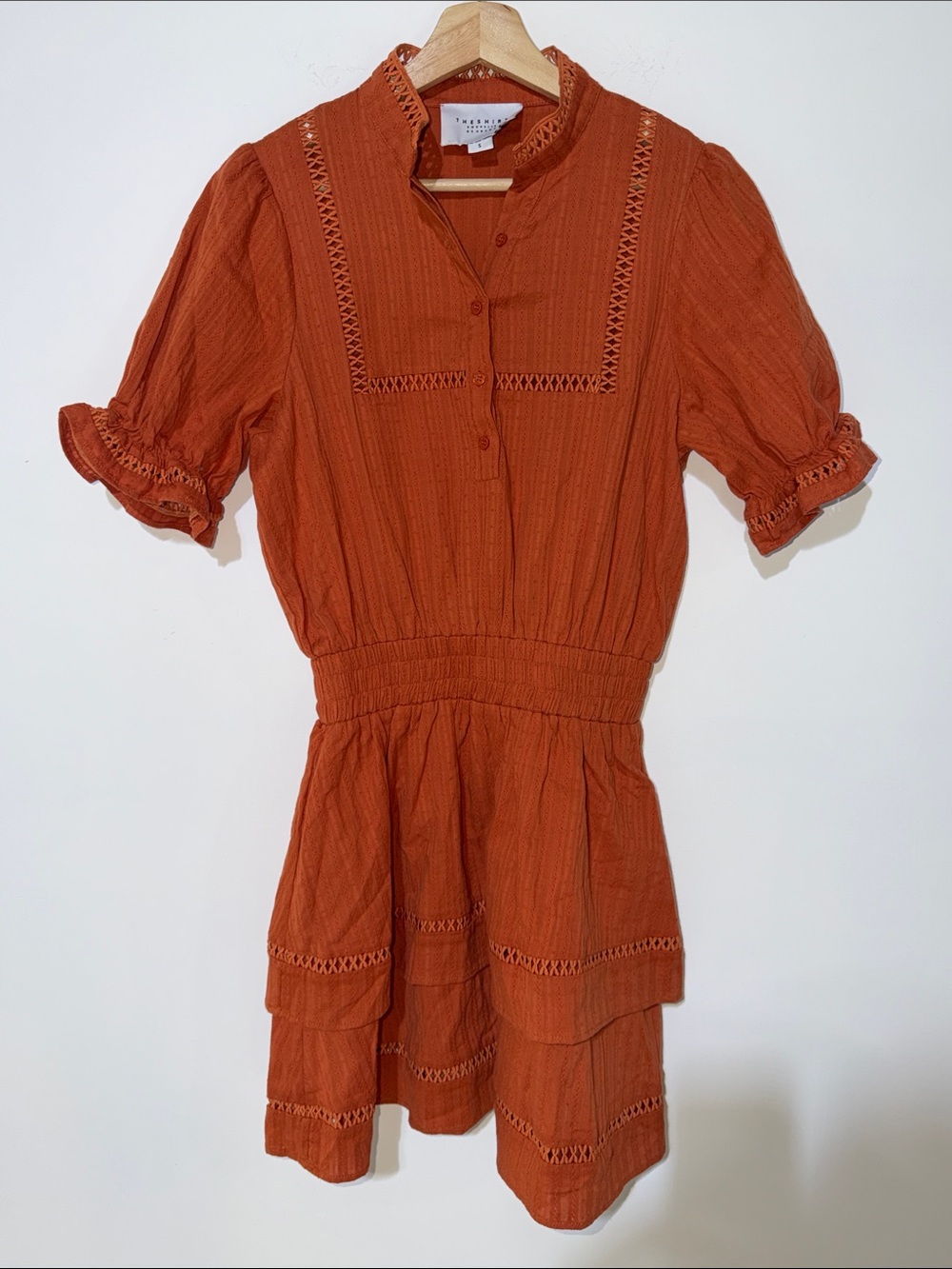 The Shirt by Rochelle Behrens Rust Orange Short Dress with Smocked Waist small
